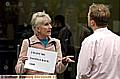 LINDA GRIME speaks to a member of staff during her one-woman protest outside the Bradford and Bingley branch in High Street, Oldham. 