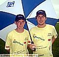 GLAD TO BE HOME. . .Phill Higgins (left) and Andrew Durrans 