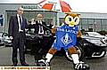 DONE DEAL: Celebrating the sponsorship agreement with Pentagon Vauxhall are, left Rob Schofield (general manager) and Alan Hardy (Athletic chief executive), with Chaddy the Owl. 
