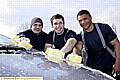 CAR wash . . . actors Jack Deam, Kelvin Fletcher and rugby star Kyle Eastmond get stuck in 
