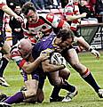 GOTCHA! Roughyeds dump Neil Roden (left) and Rob Roberts wrestle Gateshead Thunder’s Sam Crowther to the ground.
