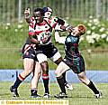 Lucas Onyengo hands off Graeme Spencer of London Skolars 
