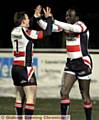 LUCAS Onyango (right) celebrating his try against Sheffield, has been cleared to play for the Roughyeds this weekend. 