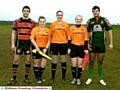 FLAG BEARERS . . . Matthew Turner (Ovenden captain), Sue Gunnett (touch judge), Sarah Bennison (referee), Kara Clegg (touch judge), Terry Fitzgerald (Waterhead captain). Picture courtesy of League Weekly 
