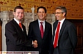 Ed Miliband (centre) meets Oldham Council leader, Councillor Jim McMahon (left) and Michael Stephenson, general secretary of the Co-opertive Party 
