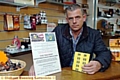 PICKING up the pieces . . . Darren Wade at The Tan Shop after thieves stole Harley’s charity tin 