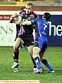 HELD UP: Oldham’s Miles Greenwood is tackled 