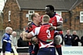 Paul Noone and Lucas Onyango celebrate Oldham’s second try 