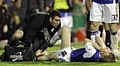 Chris Taylor of Oldham sustains a serious leg injury 
