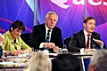 CHAIRING the debate . . . presenter David Dimbleby and panel members Caroline Spelman and Chris Bryant 
