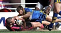 GROUNDED . . . Dave Cookson dives over for Oldham’s third try at the Keepmoat Stadium. 