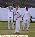 Crompton batsman Simon Wright survives Unsworth bowler Andrew Clarkson 