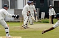 MARK Berry, of Uppermill, allows himself a smile after escaping off Stayley bowler Usman Malvi. 