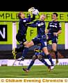 BIG TALKING POINT . . . Athletic forward Robbie Simpson and ’keeper Sam Slocombe challenge for a cross. The ball ended up in the back of the net, but the ‘goal’ was controversially disallowed. 
