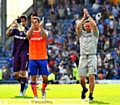 YOU WERE GREAT: Alex Cisak (left), Dean Furman and Paul Dickov thank Athletic’s travelling fans for their support at Portsmouth. 
