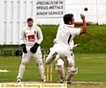 drop that: Royton batsman Craig Joy smashes the ball straight back to bowler Travis Townsend - who failed to hold on to it 