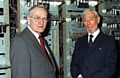 PIONEERS . . . Geoff Tootill (right) and Tom Kilburn with the first computer 
