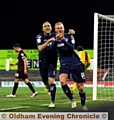 CELEBRATION TIME . . . for first goal scorer Robbie Simpson and Lee Croft. 