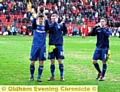 TAKE A BOW: Jack Truelove (left), Joe Cooper and Danny Gosset clap Athletic fans at end of Saturday’s game against Leyton Orient. 
