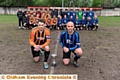 READY FOR BATTLE: The Oldham Sunday League President’s Trophy finalists are pictured at Chadderton FC. Limeside captain Chris Roberts (left) fronts his team alongside opposite number Damien Schofield. 
