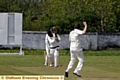 END OF THE LINE . . . Oldham top scorer Zoaib Shah is bowled by Crompton’s Danny Taylor. 