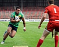 Oldham’s Sam Gee runs hard at the Crusaders defence. 