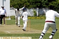 CELEBRATION: Ashton bowling hero Naweed Ghany raises his arms after claiming the wicket of Oldham batsman Hamza Hussain at the Pollards.  