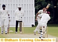 OUT YOU GO: Crompton batsman Darren Graham is beaten all ends up by a swinging delivery from Humza Naeen during Sunday’s Wood Cup tie at Heywood. 