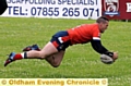 TRY: Steven Nield dives over for Oldham’s second. 