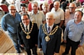 Volunteer Appreciation event at Chadderton Town Hall.(Back) L-R: Steve Ackrill, Margaret Birkett, Dave Farraday, Josie Hilldrup, Stan Berry, Trev Smith, Graham Brown (all Royal Rover volunteers at Royal Oldham Hospital). FRONT: Cllr Peter Rush (Rochdale mayor) and Cllr John Hudson (Oldham mayor). 

