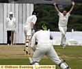 CELEBRATION time for Saddleworth bowler Ryan McGrath as he dismisses Micklehurst batsman Daniel Clayton. 