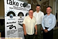 VIP guests: Patrick Mathieu (centre) is welcomed to Chadderton by Tom McCreight (left) and Mike Rust 