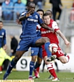 Orient’s Charlie MacDonald (right), a latics target, taking on Jean Yves M'Voto during the League One game in April.