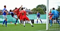 spot-kick CALL: Walsall defender Adam Chambers appears to block Cristian Montano’s shot with his arm, but referee Gary Dutton waved away Athletic’s appeals for a penalty. 
