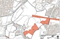 A plan used by Foxdenton and District Protection Group shows the outline of the 120-acre proposed development, with the shaded areas showing the council-owned land 
