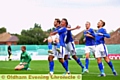 WELL DONE, MATE: James Dayton is lifted off the ground by Jonson Clarke-Harris, watched by his Athletic team-mates, following his superb goal. 
