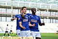 OH YES . . . Danny Philliskirk celebrates his first goal against Scunthope with Jonathan Forte.