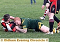 I’M OVER: Carl Fields, of Oldham St Anne’s, celebrates a try against Stanley Rangers. 