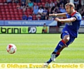 EYE ON THE BALL . . . Athletic skipper Liam Kelly has been out to impress David Dunn in training this week.