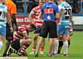 Oldham Rugby (16) v Dewsbury Rams (20). Scott Turner down with concussion.