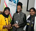 CONGRATULATIONS . . . football coach and guest speaker Annie Zaidi, winning student Aisha, and Manchester Metropolitan University's Yasmin Hussain