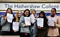  TOP  pupils . . . Lucy Scoltock, Georgia Robinson, Megan Morris, Molly England, Saira Noor and Lareb Asim at Hathershaw College this morning