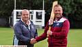 FRIENDLY FOE . . . Wood Cup final captains Rochdale's Dale Highton (left) and Crompton's Simon Wright