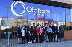 The Government’s Apprenticeships and Skills Minister Anne Milton (wearing a red jacket) with staff and students at the Oldham Sixth Form College