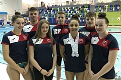 The Oldham Aquatics team pictured  at the Swim England North West Winter Championships. They are (left to right): Kimberley Burston, Sam Goldrick, Amy Harrison, Kian Tevlin, Jessica Calderbank, Luke Kearslake and Ellie Lomax 