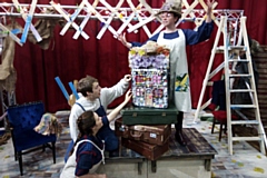 Hansel and Gretel (Sam Winterbottom and Natasha Davidson) are pictured on set (left) with Sophie Ellicott (who plays the Stepmother and the Witch)