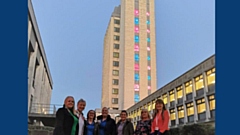 Oldham Civic Centre illuminated in pink and blue