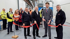 Oldham Council Leader Cllr Sean Fielding, centre, visiting HPP in early 2019 when he opened a new vinyl-wrapped door production line. He is pictured with, from left, Richard Mottram, Keith Wardrope and Stephen Hill, all from HPP.