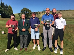 Trophy winners... Andy Harrison (Centenary Trophy), Mike McCafferty (Oldham captain), Mark Riley (District Champion) and Brierley Cup winning teammates Pete Buckley, Charlie Clough and Tom Reeves  