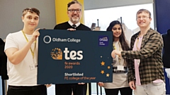 SHORTLISTED! Alun Francis (second left) Chief Executive and Principal of Oldham College, celebrating Oldham College’s shortlisting for the TES FE Awards 2020 ‘College of the Year’ with Fashion students. 